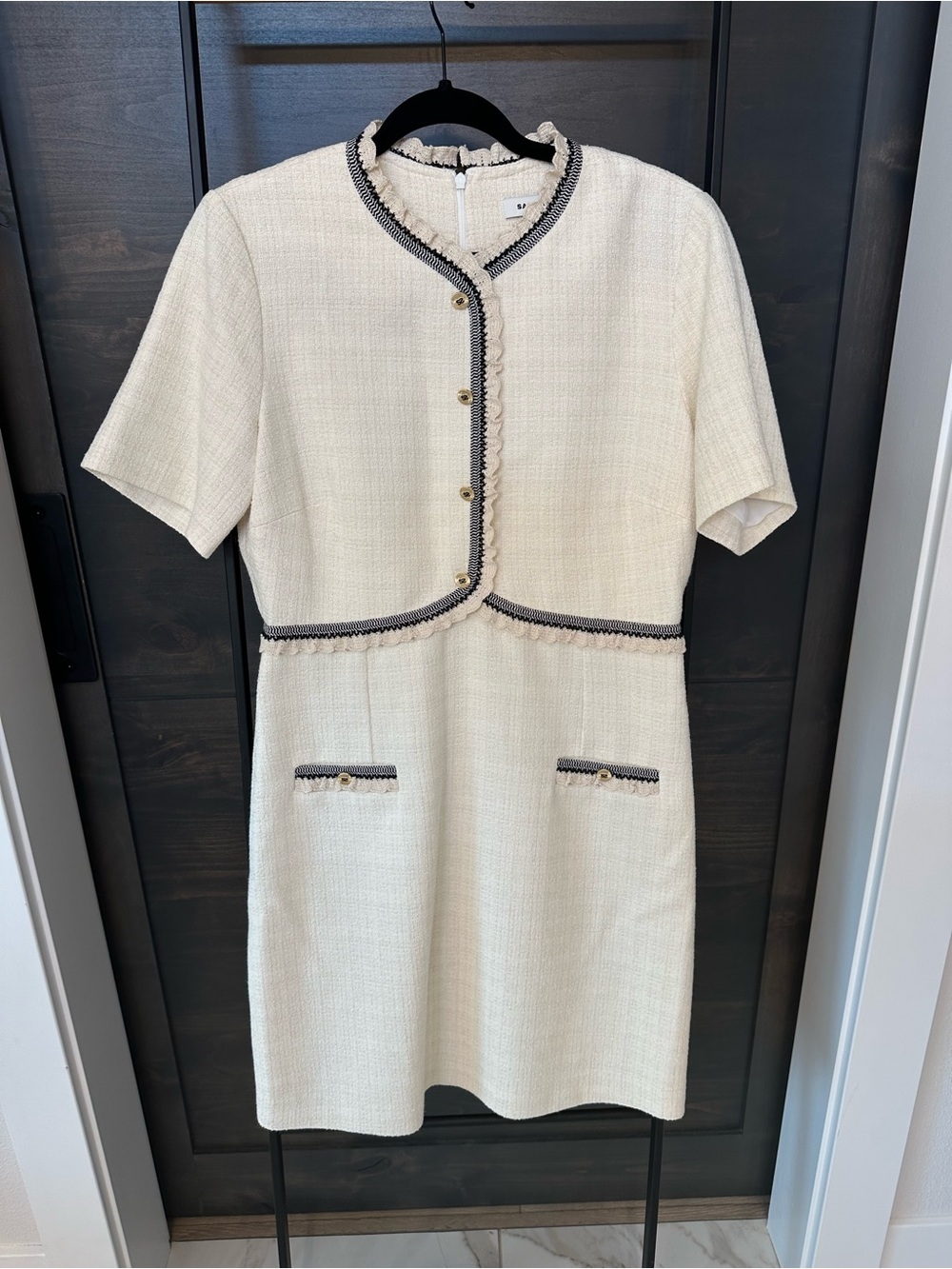 Never worn Sandro Cream Tweed Short Sleeve Shift Dress with Black Trim